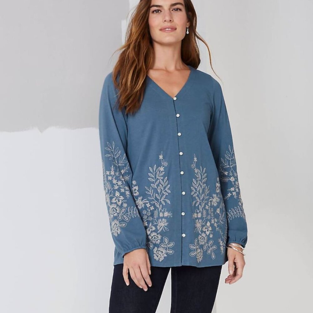 J. Jill Floral V-Neck Embroidered Button Front Women's Tunic Blouse 2X